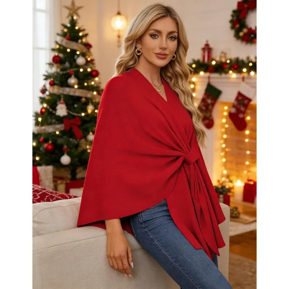 Women's Red Elegant Open Poncho Sweater For Spring Fall Winter Shawl Wraps